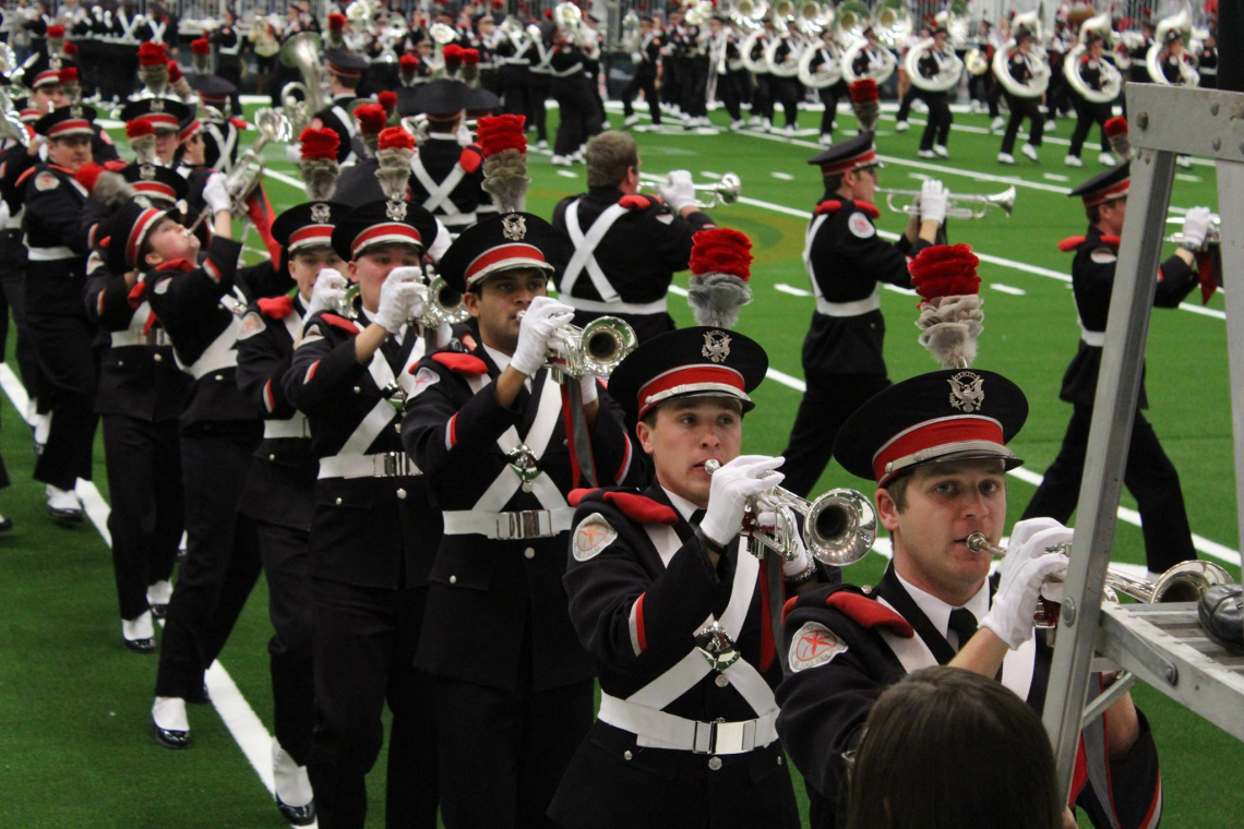 The Ohio State Marching Band performs during the OSU Pep Rally Sunday.
